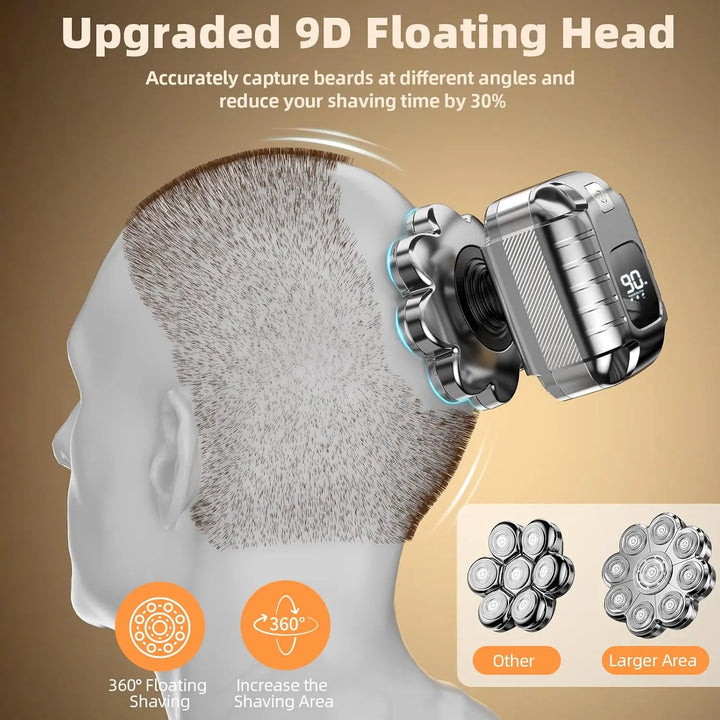 Waterproof 9D Head Shaver – IPX7 Rotary Electric Razor for Bald Men