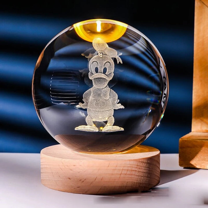 3D Crystal Ball Night Light – Stitch & Pikachu Laser Carving with Wooden Base (6cm)