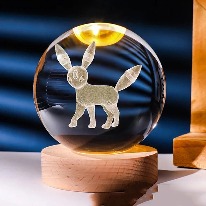3D Crystal Ball Night Light – Stitch & Pikachu Laser Carving with Wooden Base (6cm)
