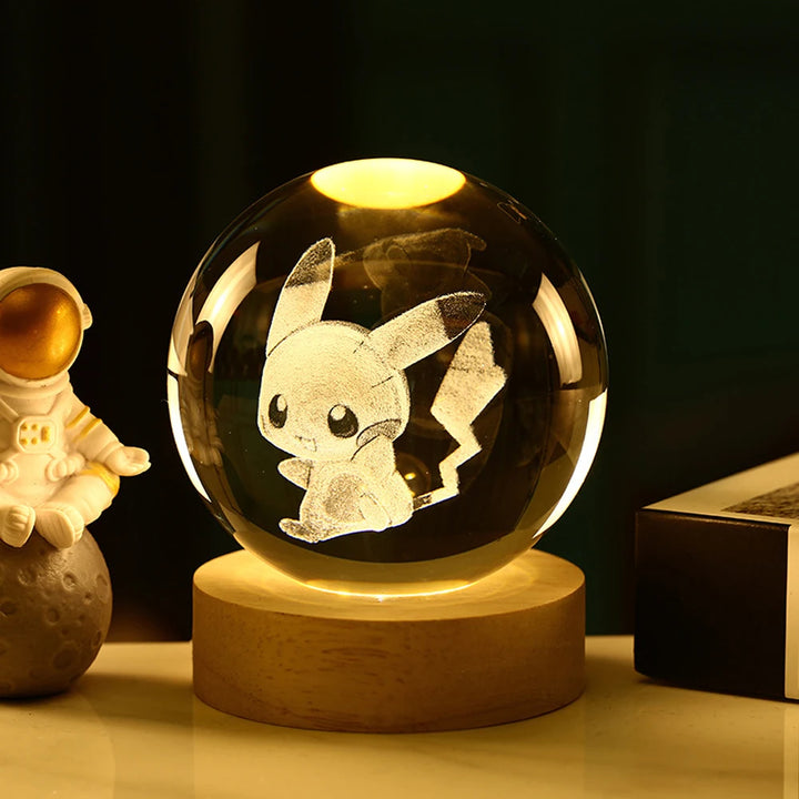 3D Crystal Ball Night Light – Stitch & Pikachu Laser Carving with Wooden Base (6cm)