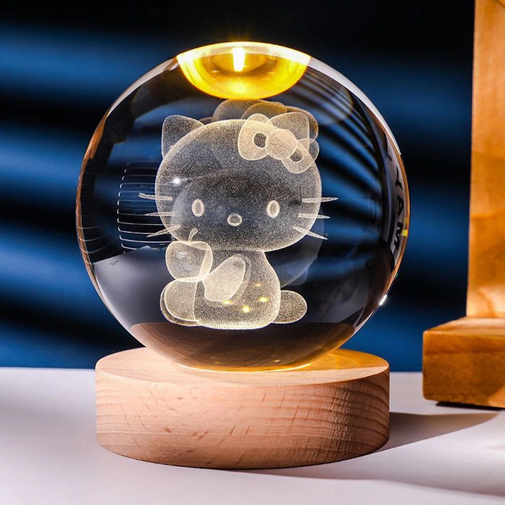 3D Crystal Ball Night Light – Stitch & Pikachu Laser Carving with Wooden Base (6cm)